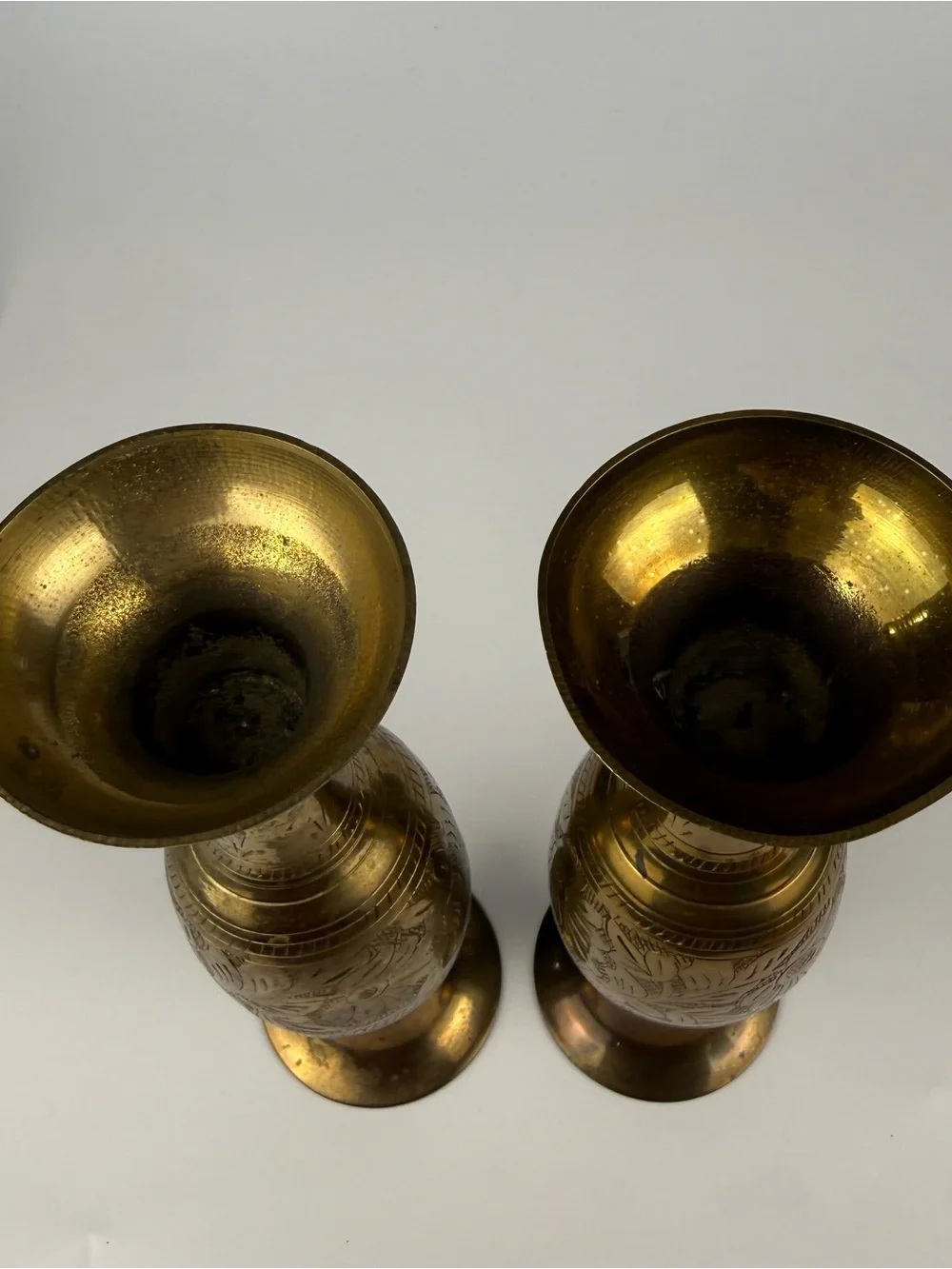 Vtg MCM Solid Brass India Bud Vases Etched Floral Engraved Design 10 Inches